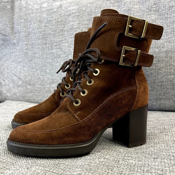 EUC Aquatalia Irene Brown Suede Boots Sz 8.5 Heeled Buckle Lace Up Ankle Booties - Picture 13 of 16
